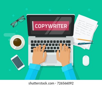 Copywriter working on laptop writing article vector illustration, flat cartoon workplace table with computer, person, copywriting text on screen, idea blog author working, freelancer journalist place