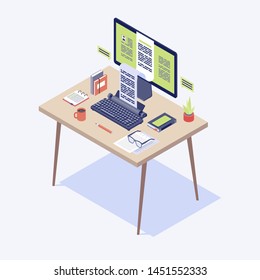 Copywriter workplace isometric illustration. Content writer, journalist, editor workspace. Copywriting, storytelling concept. Table with computer and typewriter 3d isolated clipart on blue background