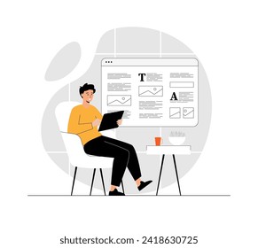 Copywriter schreiben Online-Artikel. Man erstellt interessante Inhalte für Webseiten, Webseiten und soziale Netzwerke. Illustration mit Menschen-Szene in flachem Design für Website und mobile Entwicklung.