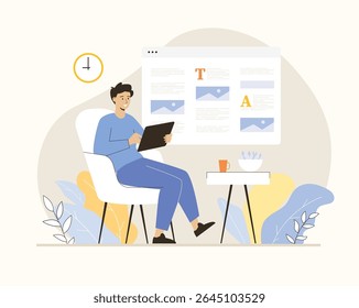 Copywriter escreva artigos online. Homem criar conteúdo interessante para site, página web e redes sociais. Ilustração de vetor plano.