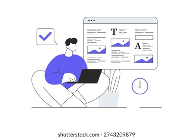 Copywriter write online articles. Man create interesting content for website, webpage and social networks. Flat Cartoon Vector Illustration, icon Stylish abstract design landing page web