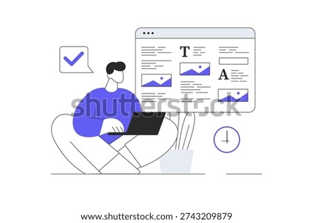 Copywriter write online articles. Man create interesting content for website, webpage and social networks. Flat Cartoon Vector Illustration, icon Stylish abstract design landing page web