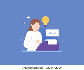 Copywriter or writer. creative workers or content creators. a female staff writes a content, brainstorms and conceptualizes. using a typewriter. occupation or profession. illustration design of people