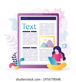 Copywriter writes text for magazine or blog. Girl writes texts online on tablet. Article or message with picture on big screen. Concept of copywriting, marketing and freelance. Vector illustration