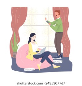 Copywriter writing diary concept. Woman with laptop sitting at beanbag. Earninfs on internet. Journalist at workplace create interesting content at home. Cartoon flat vector illustraton