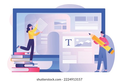 Copywriters at workplace. Colleagues and partners write articles, create content. Website promotion on Internet, creative persons. Freelancers and coworkers. Cartoon flat vector illustration