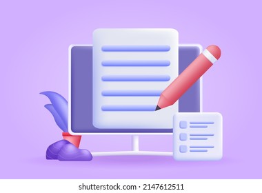 Copywriting 3d icon. Pen writes on document on computer screen. Creativity and filling website pages with content, freelancing and remote work, authorship. Cartoon isometric vector illustration