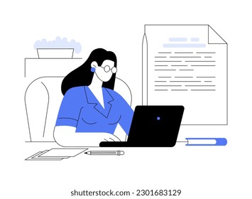 Copywriting abstract concept vector illustration. Young woman deals with magazine article writing using laptop, copyediting remote job, digital journalism, self-employed people abstract metaphor.