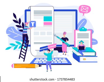 Copywriting and articles content banner cartoon vector illustration isolated.