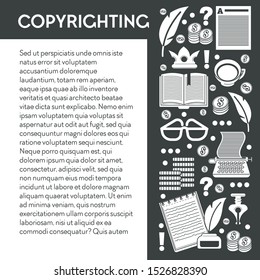 Copywriting banner template. Typewriter, feather, ink pen, book, pages of paper, dollar coins stacks. Write for money, creative writing tools icons. Black and white vector illustration with text.