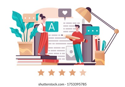 Copywriting and Blogging concept online with two young people standing on an open laptop, with latest blog post on screen holding a pencil and alphabet letters in an office, vector illustration