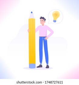 Copywriting, blogging or content making concept. Young copywriter man standing with big pencil and have an idea. Creativity, writing text and working as freelancer concept, vector illustration