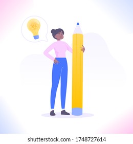 Copywriting, blogging or content making concept. Young copywriter woman standing with big pencil and have an idea. Creativity, writing text and working as freelancer concept, vector illustration