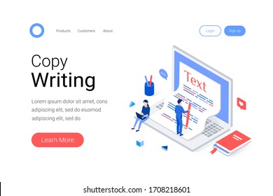 Copywriting, blogging isometric concept. Copywriter writes text on a large laptop. Trendy flat 3d isometric style. Landing page template. Vector illustration.