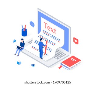 Copywriting, blogging isometric concept. Copywriter writes text on a large laptop. Trendy flat 3d isometric style. Vector illustration.