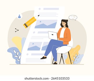 Estratégia de copywriting, blog, storytelling, marketing de conteúdo. Copywriter criando conteúdo para mídia social. Ilustração de vetor plano.	
