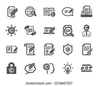 Copywriting book icons. Set of Copyright protection, Signature and Feedback icons. Typewriter, Idea and message copywriting. Write book, legal copyright, content author. Light bulb. Vector