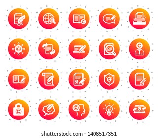 Copywriting book icons. Set of Copyright protection, Signature and Feedback icons. Typewriter, Idea and message copywriting. Write book, legal copyright, content author. Light bulb. Vector