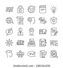 Copywriting book line icons. Set of Signature, Copyright protection and Feedback icons. Typewriter, Idea and message copywriting. Write book, legal copyright, content author. Light bulb. Vector