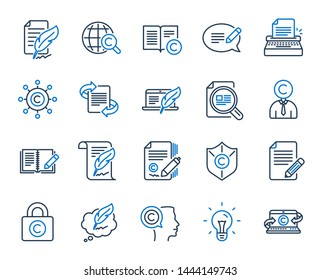 Copywriting book line icons. Set of Copyright protection, Signature and Feedback icons. Typewriter, Idea and message copywriting. Write book, legal copyright, content author. Light bulb. Vector