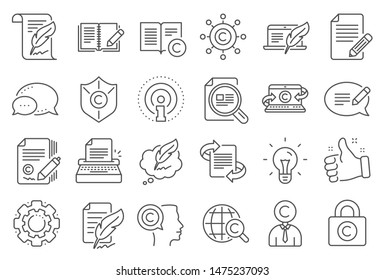 Copywriting book line icons. Set of Copyright protection, Signature and Feedback icons. Typewriter, Idea and message copywriting. Write book, legal copyright, content author. Light bulb. Vector