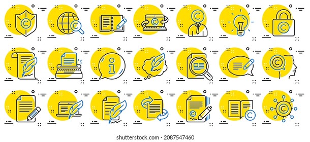 Iconos de la línea del libro de escritura de copias. Conjunto de iconos de protección de derechos de autor, firma y comentarios. Escritura de tipografía, idea y copywriter. Escribir libro, derechos de autor legales, autor de contenido. Bombilla. Vector