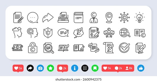 Copywriting book line icons. Social media: share, comment, like icons. Set of Signature, Copyright protection and Feedback icons. Typewriter, Idea and message copywriting. Vector