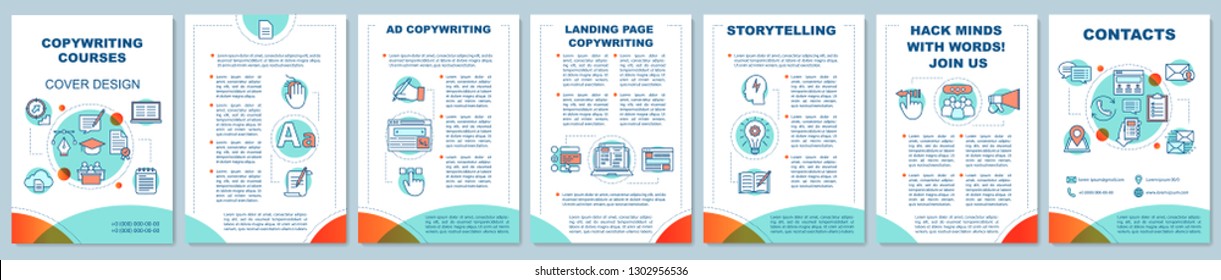 Copywriting brochure template. Advertising texts writing, storytelling. Content creation. Flyer, booklet, leaflet print design. Vector page layouts for magazines, annual reports, advertising posters