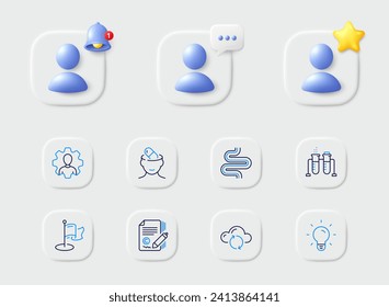Copywriting, Cloud sync and Chemistry beaker line icons. Placeholder with 3d star, reminder bell, chat. Pack of Intestine, Professional, Depression treatment icon. Vector