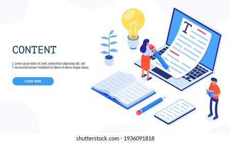 Copywriting concept banner with character. Female user holds the pen with both hands and writes. Web banner, infographics. Isometric vector.