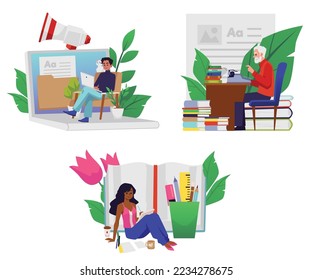 Banners de concepto de escritura de copias con caracteres ilustraciones vectoriales planas aisladas en fondo blanco. Copywriter ocupación creativa de crear textos.