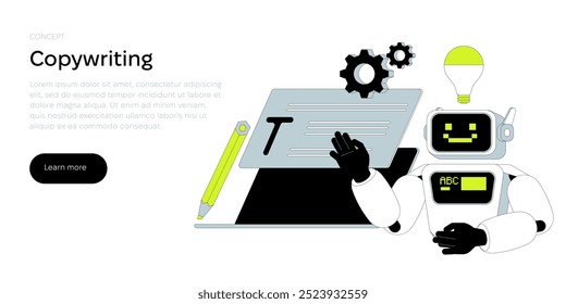 Copywriting concept. Chat bot copywriting assistant made with neural network technology writing text. Vector illustration.