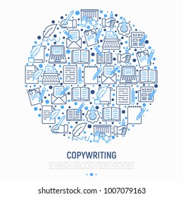 Copywriting concept in circle with thin line icons: letter, e-mail, book, blogging, hand with pen, feather, typewriter, article, seo. Modern vector illustration for web page template, banner.