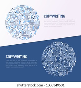 Copywriting concept in circle with thin line icons: letter, e-mail, book, blogging, hand with pen, feather, typewriter, article, seo. Modern vector illustration for web page template, banner.