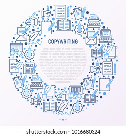 Copywriting concept in circle with thin line icons: letter, e-mail, book, blogging, hand with pen, feather, typewriter, article, seo. Modern vector illustration for web page template, banner.