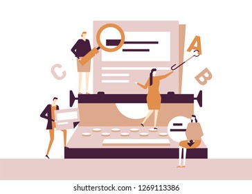 Copywriting concept - flat design style colorful illustration. High quality composition with male, female workers, SEO specialists editing the text on typewriter, images of letters, magnifying glass