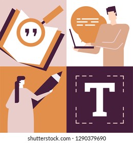 Copywriting concept - flat design style colorful illustration. High quality composition with male, female workers, SEO specialists holding pencil, writing on laptop, book, magnifier, text symbol