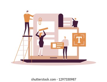 Copywriting concept - flat design style colorful illustration. High quality composition with male, female workers, SEO specialists working on the file, images of a document, laptop screen, text symbol