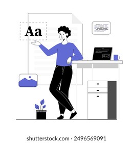 Copywriting concept. Idea of writing texts, creative content and promotion. Computer work, text typing, posting. Vector illustration with line people for web design.	