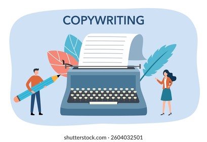 Copywriting concept. Idea of writing texts, creativity and promotion. Making valuable content and working as freelancer vector illustration in flat design.