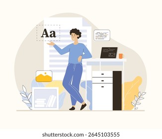 Concepto de redacción. Idea de escribir textos, contenidos creativos y promoción. Trabajo de computadora, escritura de texto, publicación. Ilustración vectorial plana.	

