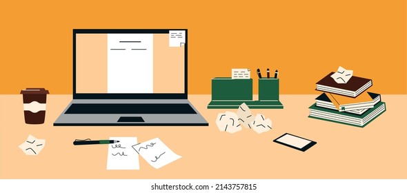 Copywriting concept. Illustration with laptop, paper, books. Writer workplace. Flat illustration about idea, creative process.