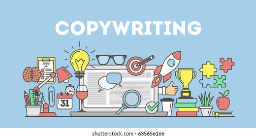 Copywriting Concept Illustration On Bue Background. Workplace With Icons.