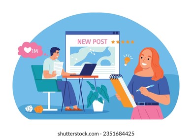 Copywriting concept with male and female authors writing posts on laptop and creative ideas in notepad flat vector illustration