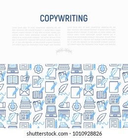 Copywriting concept with thin line icons: letter, e-mail, book, blogging, hand with pen, feather, typewriter, article, seo. Modern vector illustration for web page template, banner.