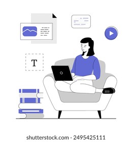 Copywriting concept. Woman writing texts, interesting content and promotion. Making valuable content and working as freelancer. Vector illustration with line people for web design. 
