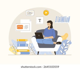 Conceito de redação de cópias. Mulher escrevendo textos, conteúdo interessante e promoção. Fazer conteúdo valioso e trabalhar como freelancer. Ilustração de vetor plano.	
