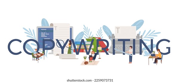 Copywriting concept, working people flat style, vector illustration isolated on white background. Typewriter, laptop and paper, home and office workers, making texts process