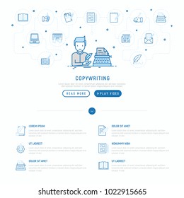 Copywriting concept: writer with feather near typewriter with thin line icons: letter, e-mail, book, blogging, hand with pen, article, seo. Modern vector illustration, web page template.