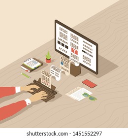 Copywriting, content creation isometric illustration. Editor, copywriter, book author typing text with typewriter. Blog article, essay writing, storytelling 3d concept. Freelance copywriter workplace